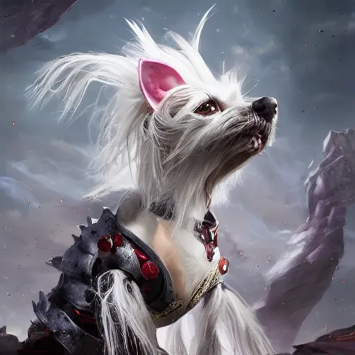 Prompt: Chinese crested powderpuff dog, full body, battle armour, Anthropomorphized, casting epic spell, magic the gathering artwork, D&D, fantasy, cinematic lighting, centered, symmetrical, highly detailed, digital painting, artstation, concept art, smooth, sharp focus, illustration, volumetric lighting, epic Composition, 8k, art by Akihiko Yoshida and Greg Rutkowski and Craig Mullins, heroic pose, oil painting, cgsociety, magic lab background