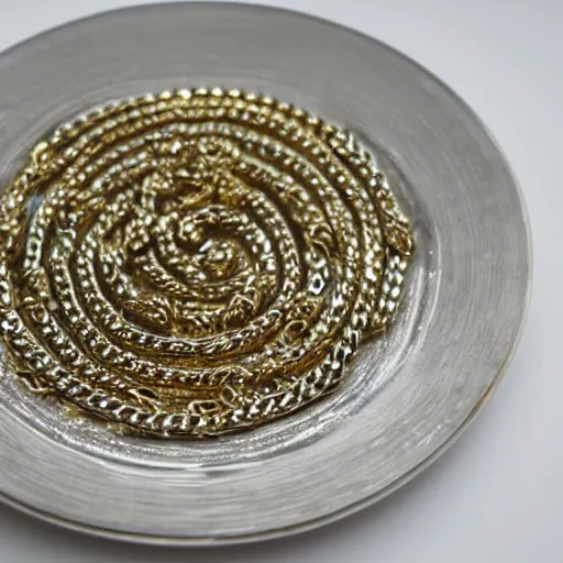 Image similar to luxury, golden chains, og kush, silver jewelery on the plate, palaroid, 9 0 s,