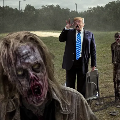 Image similar to donald trump as zombie in the walking dead. movie still. cinematic lighting