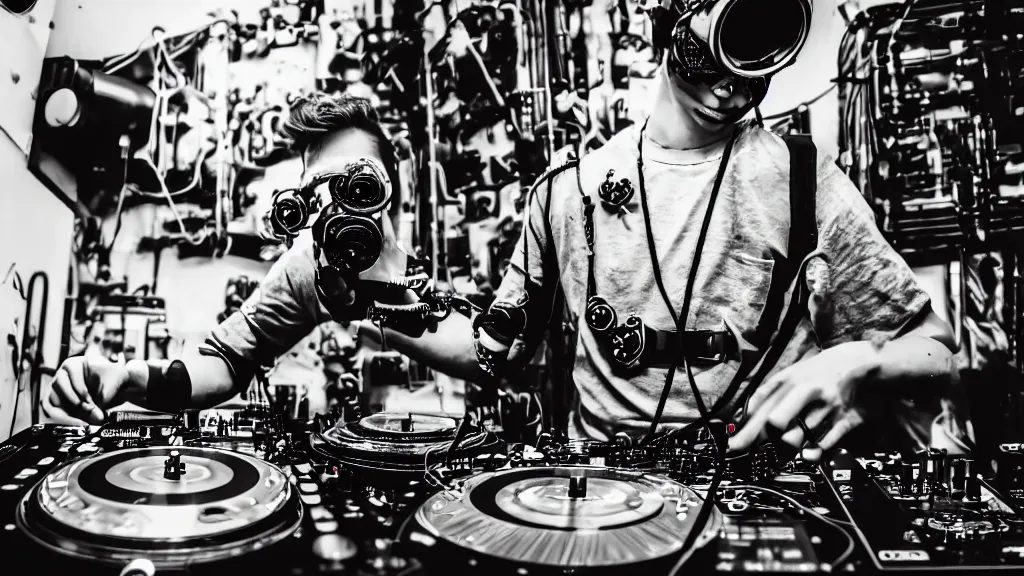 Prompt: a person wearing goggles and visor and headphones using a steampunk record player contraption, wires and tubes, turntablism dj scratching, intricate planetary gears, complex, cinematic, imax, sharp focus, iridescent