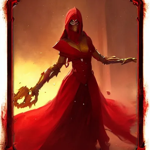 Image similar to a woman in red, she wears a golden mask os dragon, epic fantasy digital art, fantasy style art, by Greg Rutkowski, fantasy hearthstone card art style