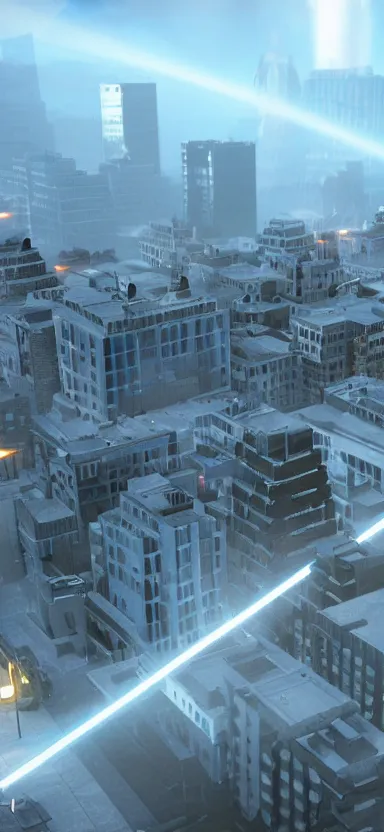 Image similar to unreal engine 5 render of a happy city during the day with lasers coming out of the clouds, digital art ”