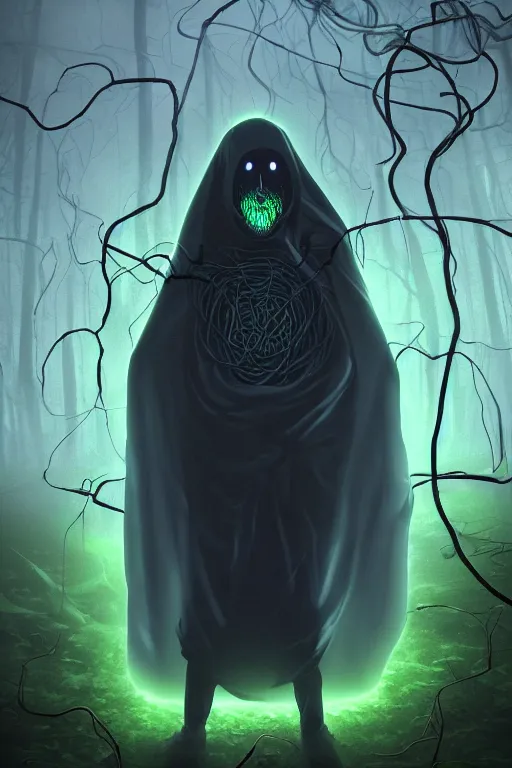 Image similar to A full body portrait of a ghost like shaman with no face, glowing eyes and a very long hooded dark green cloak of leaves and vines, forest spirits flying in the background art by Shaddy Safadi and Jason Chan, ominous, cosmic horror, trending on artstation, Ultra detailed, hyper realistic 4k