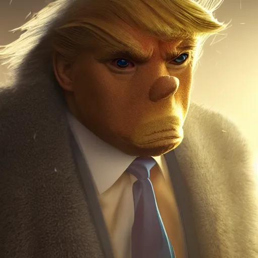 Image similar to portrait of donald trump fursuit, amazing splashscreen artwork, natural light, elegant, photorealistic felt texture, intricate, detailed, atmospheric lighting, anamorphic lens flare, cinematic lighting, hd wallpaper, ultra high details by greg rutkowski