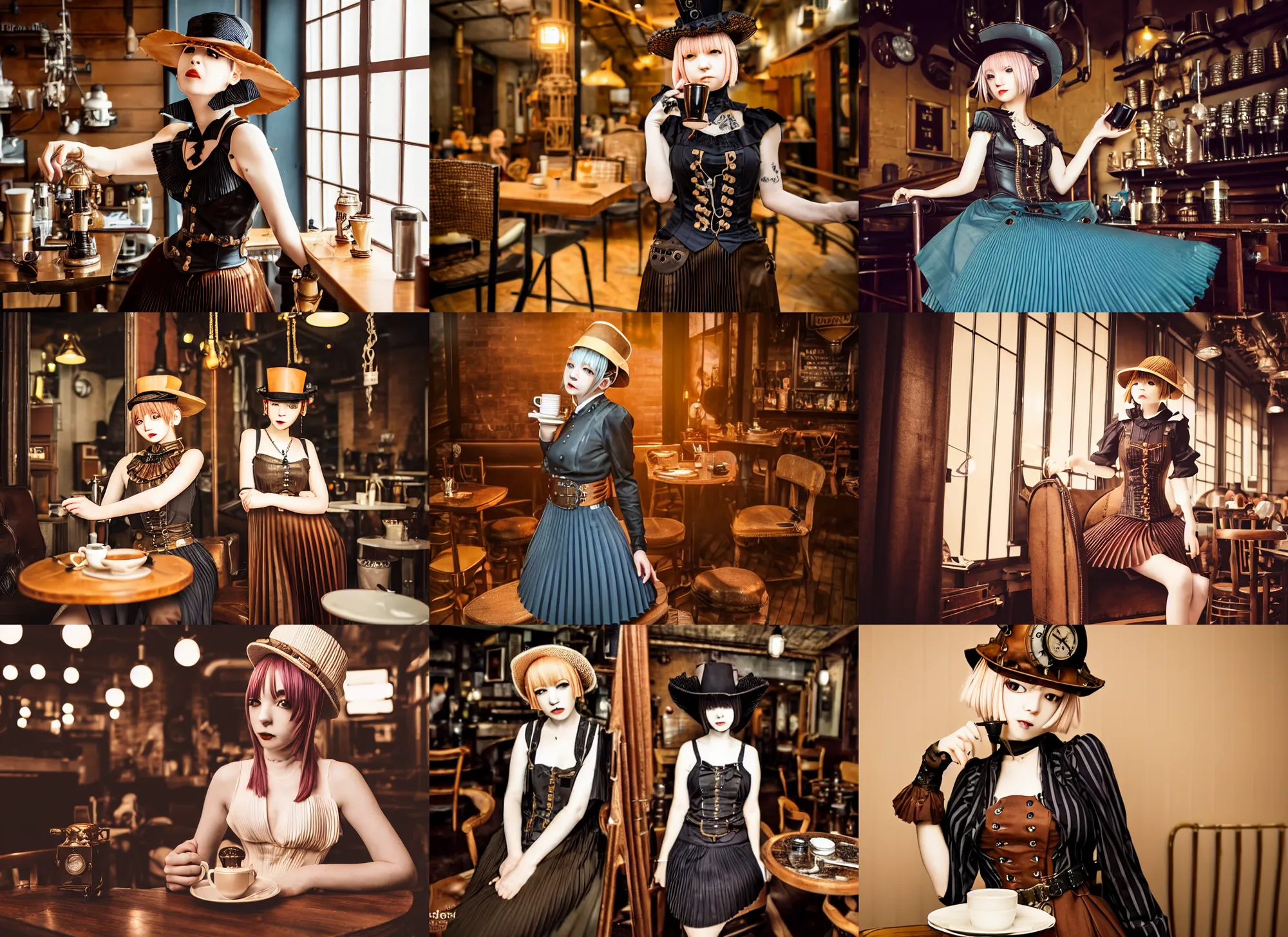 Prompt: full body portrait photo of reol wearing a elegant pleated steampunk dress, open top, wearing a cute hat, drinking coffee in a ( ( busy ) ) steampunk cafe interior, dim studio lighting, at night, ( ( photograph ) ), moody, realistic, detailed, low light, skin tinted a warm tone, light blue filter, victorian