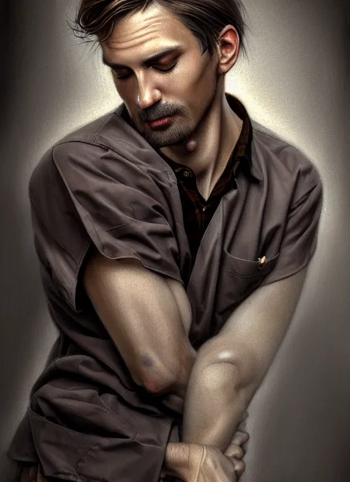 Image similar to male surgeon, brown hair, khakis, plaid shirt, gothic, moody, noir, diffuse lighting, fantasy, intricate, elegant, highly detailed, lifelike, photorealistic, digital painting, artstation, illustration, concept art, smooth, sharp focus, art by John Collier and Albert Aublet and James jean and Brian froud and ross tran and Artem Demura and Alphonse Mucha