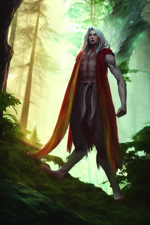 Image similar to a human elemental wizard, forest setting, colorful magic, male, epic, white skin, young, sharp, concept art, dynamic lighting, unreal engine, octane