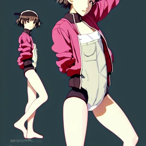 Image similar to a beautiful! boyish! natalie portman alluring gravure! model, wearing oversized mayan bomber jacket and leotard with overalls, bulky poofy bomber jacket with mayan patterns, gapmoe yandere grimdark, trending on pixiv fanbox, painted by greg rutkowski makoto shinkai takashi takeuchi studio ghibli, akihiko yoshida