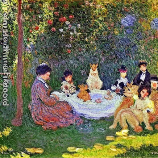 Image similar to a furry backyard party painting by claude monet, highly detailed painting