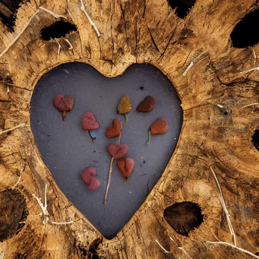 Image similar to photograph of an anotomicallt cotrect human heart sitting on the ground in a forest of dead trees