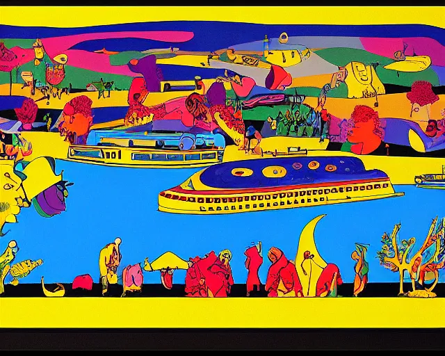 Prompt: yellow submarine pepperland landscape by heinz edelmann,