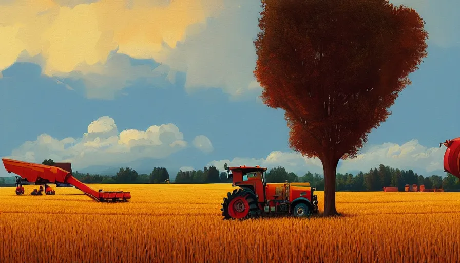 Image similar to colourful sky, wheat field, combine harvester, big trees, matte painting, art station, digital art, simon stalenhag