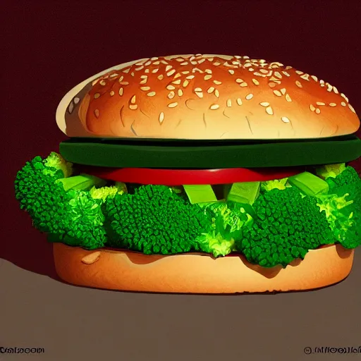 Prompt: a cat man eats a multilayer vegetarian broccoli burger, highly detailed, digital painting, sharp focus, fantasy art