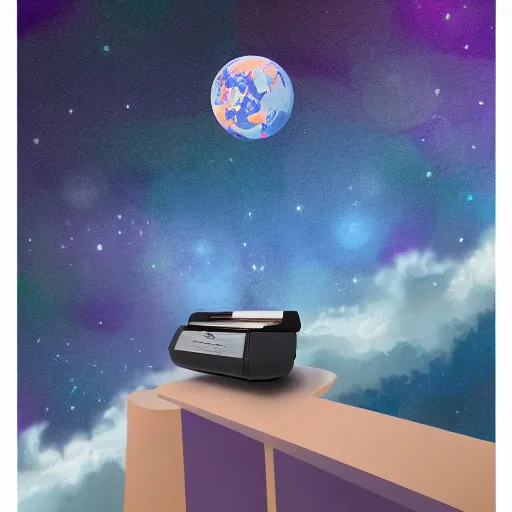 Image similar to a printer floating in the void of space, a long sheet of paper coming out of printer, bright stars, high quality art, trending on artstation