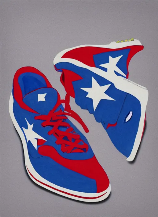 Prompt: Captain America sneaker, view from the side, Light Mode, Future Funk, Painted By Lawrence Pelton