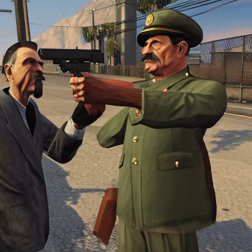 Image similar to joseph stalin pointing a gun at person in GTA V loading screen, HD