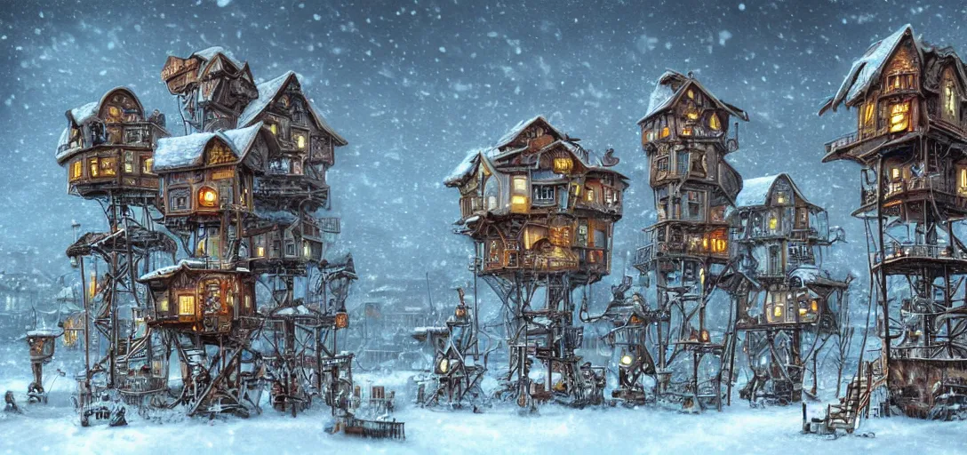 Image similar to a steampunk village on tall stilts in a snowy field, blizzard, by Naoto Hattori,