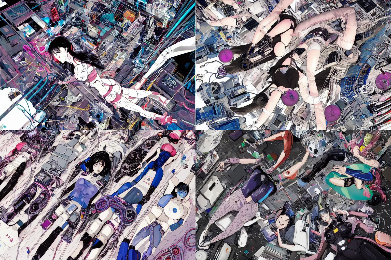 Prompt: a cyberpunk illustration of a group of super coherent female androids in style of yukito kishiro, lying on an abstract, empty, white floor with their body parts scattered around in various poses and cables and wires coming out, by masamune shirow and katsuhiro otomo, hyper-detailed, intricate, colorful, view from above