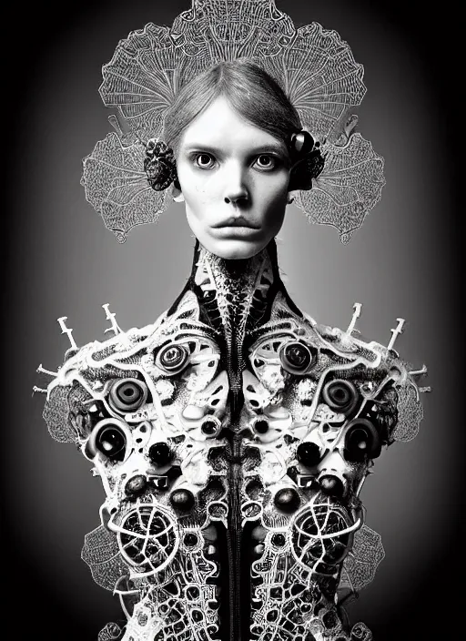 Image similar to surreal black and white photo portrait of complex bio-mechanical beautiful young female vegetal-cyborg with a Mandelbrot fractal steampunk metal fine lace face, a very long neck and a fine metal floral foliage super big lace collar by Alexander McQueen:: high fashion, haute couture, rococo, steampunk, silver filigree details, anatomical, facial muscles, cable wires, microchip, elegant, dreamy, foggy, hyper realistic, 150 mm lens, soft rim light, octane render, unreal engine, picture was taken in 1910 by Dora Maar, volumetric lighting, dramatic light,8k,