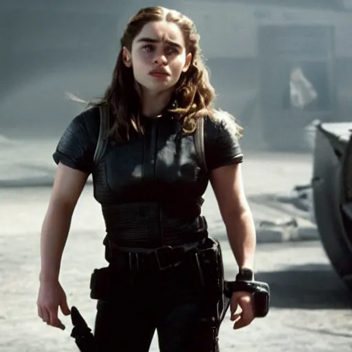 Image similar to emilia clarke as sarah connor in terminator 2