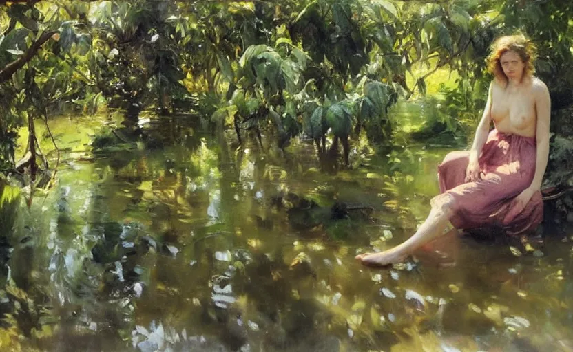 Image similar to oil painting lanscape by anders zorn, jungle nature, fruit trees, very very very very beautiful art, dramatic light, water reflections, female model