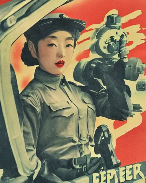 Image similar to Photos of a Kerberos Panzer Cop, hyperreal, Atmospheric, 1950s Japan, full Color, Science Fiction