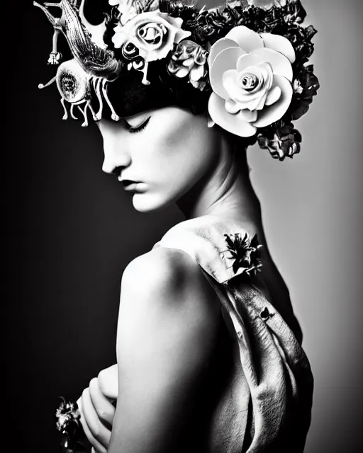 Image similar to a black and white high quality dreamy photo of a young beautiful female queen-pale dragon-vegetal-cyborg bust with a very long neck and a steampunk flower crown, elegant, highly detailed, poetic, soft, dreamy, mysterious, high fashion, in the style of Horst P. Horst, Realistic, Refined, Digital Art, Highly Detailed, Cinematic Lighting, rim light, black and white, photo-realistic, 8K