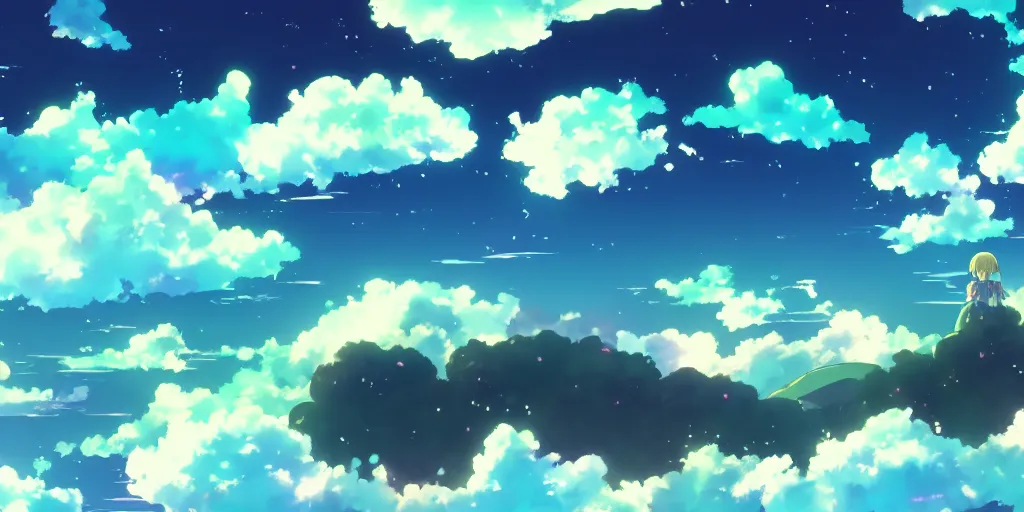 Prompt: A background for an anime-themed social media profile sky bright clouds bloom effect from Skyrim blender studio ghibli clouds