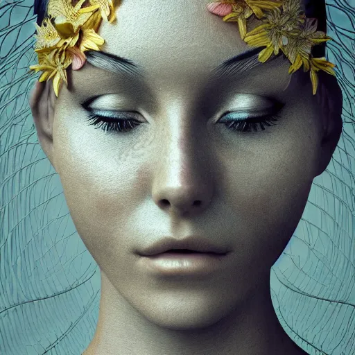 Prompt: beatifull frontal face portrait of a woman, 1 5 0 mm, flowers, veins, arteries, symmetric, intricate, golden ratio, full frame, microscopic, elegant, highly detailed,, ornament, sculpture, elegant, luxury, beautifully lit, ray trace, octane render in the style of peter gric, alex grey and romero ressendi