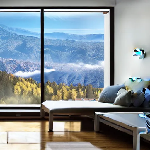 Image similar to looked at big window, mountains in background, sunny day time, clear sky, futuristic, furnitures, ultra realistic, ultra detailed, cinematic light