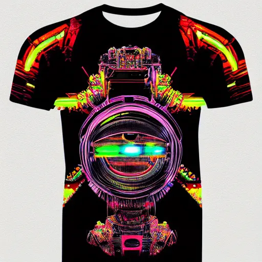 Image similar to black tshirt with a hyperdetailed portrait of a trippy diesel punk robot, 8 k, symetrical, flourescent colors, multicolored,