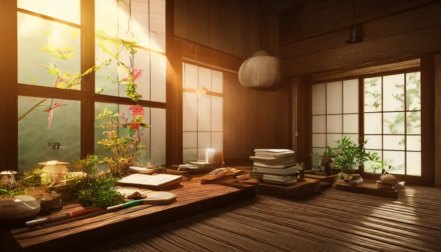 Prompt: interior view of a magical Japanese herbalist cottage, Journal with pens, waxy candles, books, flowers, wood furnishings, light bloom, dust, ambient occlusion, rays of light coming through windows, trending on artstation