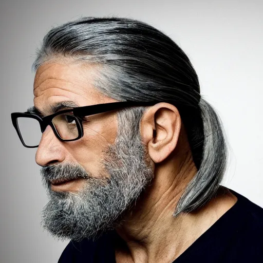 Prompt: portrait of a 50 year old man with gray hair. pony tail, glasses