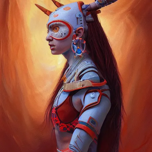 Image similar to portrait of a future tech shaman warrior by Mandy Jurgens, cartoon, oil painting, visionary art, symmetric, Magick symbols, holy halo, shipibo patterns