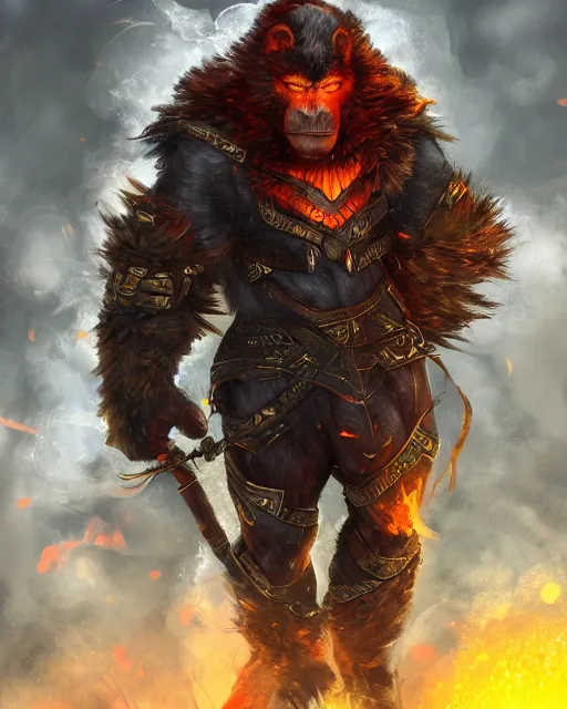 Image similar to fury art, an anthro ape wearing a large cape and a fantasy armor, fiery background, 3 d, 8 k, extremely detailed, trending on furaffinity, trending on artstation, award winning, sharp focus, illustration