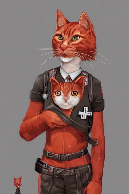 Prompt: Red cat in a nazi uniform, intricate, elegant, highly detailed, digital painting, artstation, concept art, smooth, sharp focus, illustration