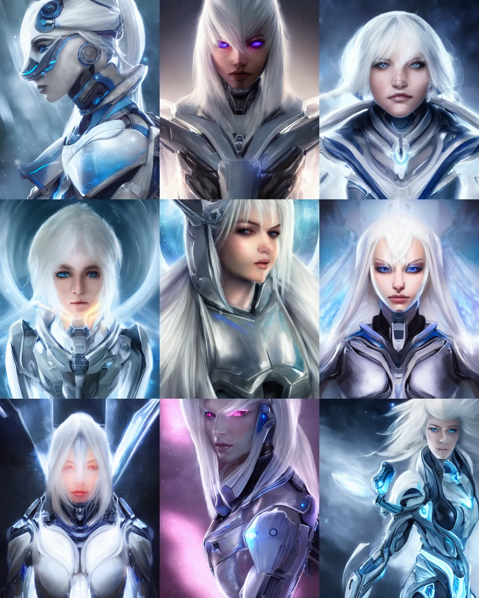 Prompt: detailed portrait of perfect white haired girl, warframe armor, beautiful, dreamy, pretty face, blue cyborg eyes, goddess, radiant light, scifi, clean, advanced technology, illuminated, perfect, space, nebula colors, futuristic laboratory, ultra realistic, intricate, glow, extreme details, focused, masterpiece