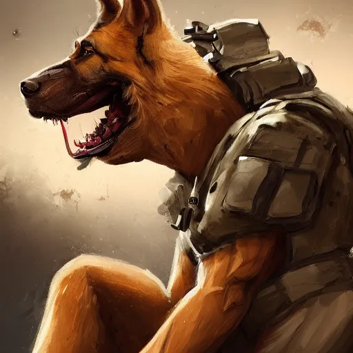 Image similar to a wounded humanoid german shepherd beast - man in military style, sitting on the bed, highly detailed portrait, digital painting, artstation, concept art, smooth, sharp foccus ilustration, artstation