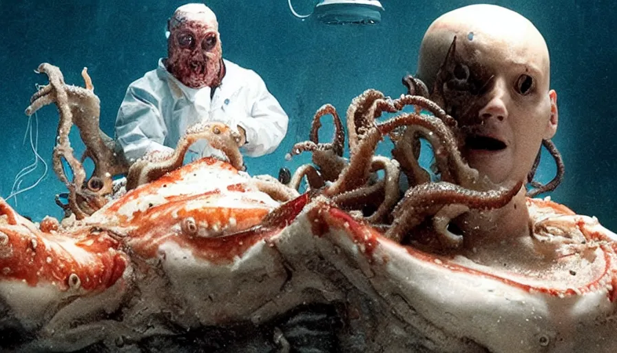 Prompt: Big budget horror movie about a cyborg doing an autopsy on a giant squid's brain