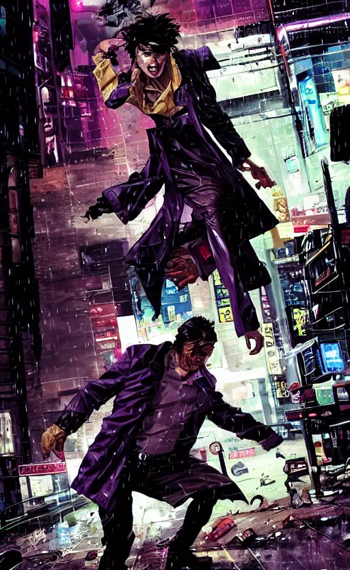 Prompt: Grizzled Trenchcoat detective fighting in the rain. Detailed dynamic anatomical proportions. Anti-hero leaping into action POV. Cybernetic kung-fu action shot. Dynamic, delirious, creative panel style by Bill Sienkiewicz. Heavy chromatic abberation. Visual distortion. Sci-Fi cyberpunk Comic page made up of art by the best artists Trending on Artstation. Octane render, Raytracing, 3d masterpiece, fantastic lighting by James Gurney. Noir detective genre.