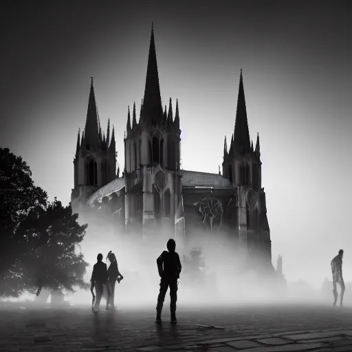 Image similar to zombies in front of gothic cathedral, fog, crepuscular, martian volumetric lights