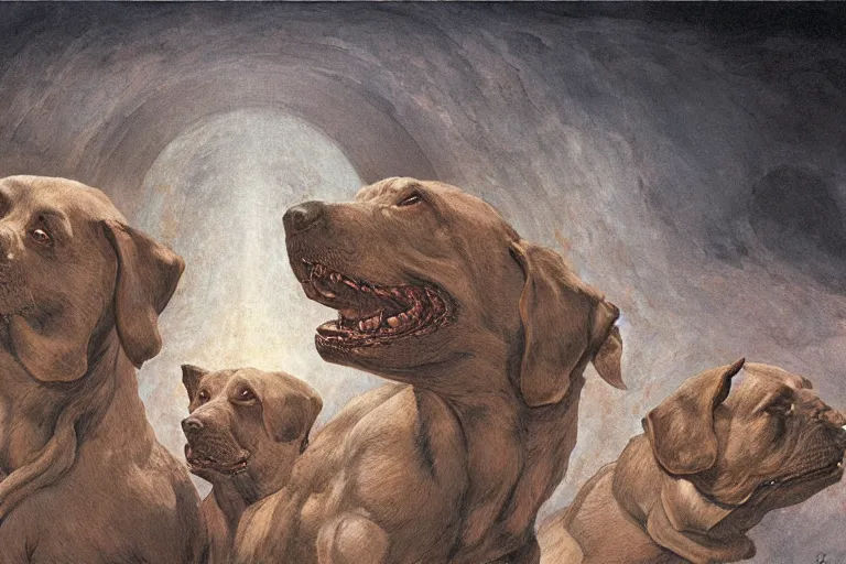 Image similar to hyperdetailed matte art of a three headed dog cerberus by william blake, greg rutkowski, amano, rene magritte, craig mullins, three headed dog cerberus, details