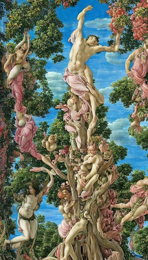 Prompt: a huge standalone maximalist hyperrealistic photorealistic tree in a city. hyperdetailed humanoids emerging from it. seen from the distance. art nouveau rococo in the style of caravaggio and botticelli. hd 8 x matte background in vibrant vivid pastel colour textures
