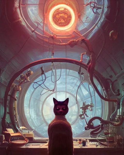 Image similar to highly detailed surreal vfx portrait of a mad cat scientist in weird laboratory, stephen bliss, unreal engine, greg rutkowski, loish, rhads, beeple, makoto shinkai and lois van baarle, ilya kuvshinov, rossdraws, tom bagshaw, alphonse mucha, global illumination, detailed and intricate environment