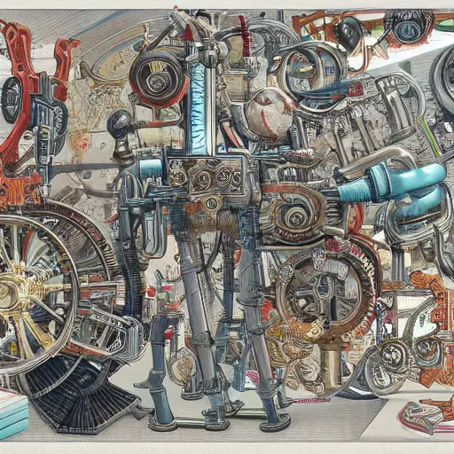 Prompt: a chaotic scene of a crazy machine with lots of details and contraptions. there is a small pair of scissors hidden in the details. the illustration is very detailed and intricate, with a lot of small elements that come together to create a cohesive whole. it uses a limited palette of colors, which helps to create a cohesive and unified look.