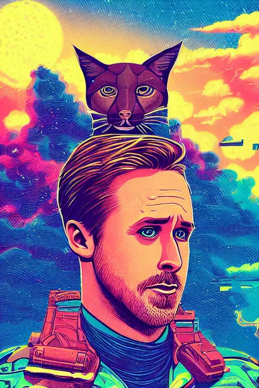 Prompt: a portrait of Ryan Gosling holding a cute caracal with thunders in the sky in a future cybernetic city, outrun style and colours, trending on arstation, by dan mumford, by ross tran