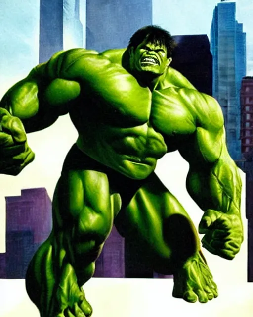 Image similar to a portrait of the incredible hulk looking angry in new york city by alex ross dramatic lighting.