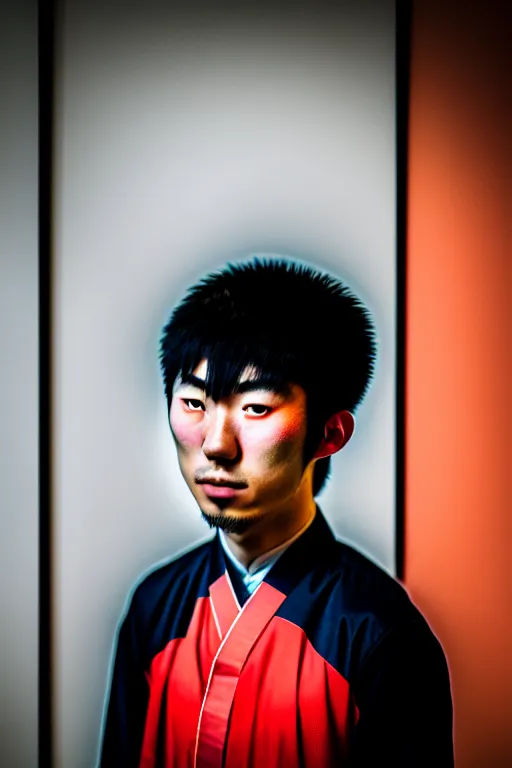 Image similar to photography masterpiece by haruto hoshi, flash photography portrait of young japanese man in kabuki cho, shot on a canon 5 d mark iii with a 3 5 mm lens aperture f / 5. 6, full frame, full res, full color, film grain, dynamic composition, high camera angle, hyper realistic