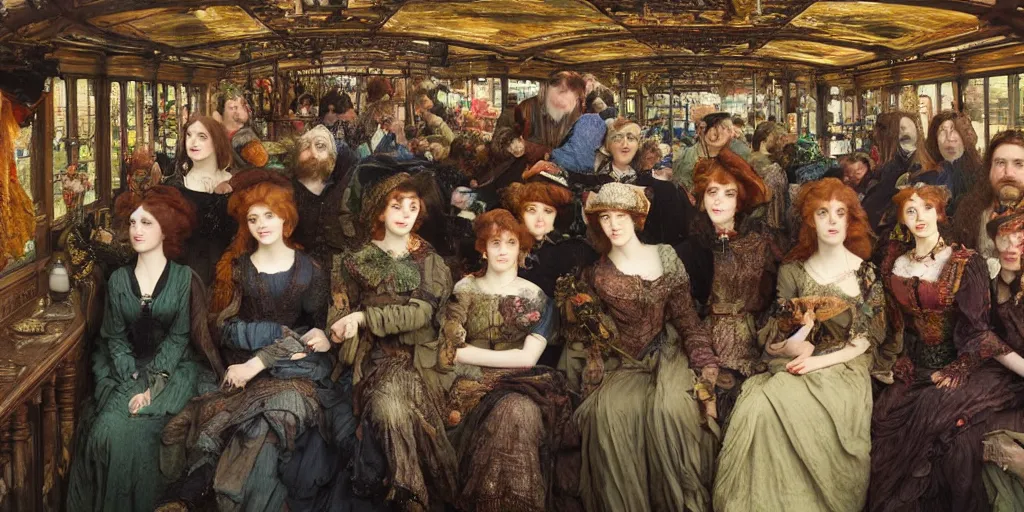 Prompt: detailed colour preraphaelite photograph group portrait of amazingly cool characterful people sat down extreme closeup, in the inside of the beautiful underwater train to atlantis, every face lifelike expressions, crowds of people sat down wearing unusual clothes, by william powell frith, 4 k