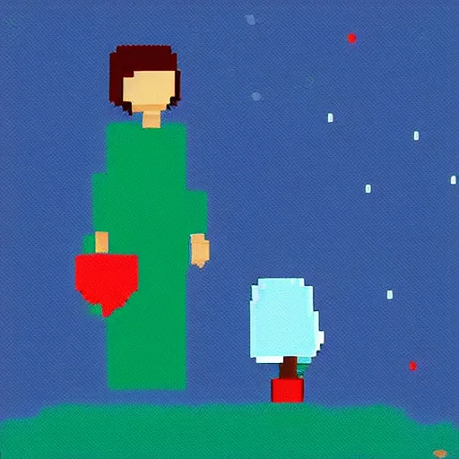 Prompt: A lonely depressed poor girl holding a blue balloon at night on a lonely island, pixel art